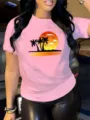 Women pink short sleeve t-shirt casual round neck sunset palm tree graphic summer top fashion - Style B7