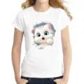 Women cute 3D cat torn paper print white t-shirt casual short sleeve summer tee top - K1