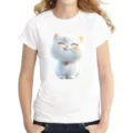 Women's white short sleeve t-shirt featuring a cute 3D cartoon cat print, casual basic top. - K4
