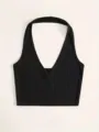Zwarte geribbelde halter crop top, effen kleur mouwloos slim fit zomertopje voor dames. - S / Tops / Zwart