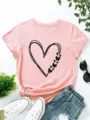 Pink Short Sleeve T-Shirt Women Casual Crewneck Tee with Black Heart Butterfly Print - Style B8