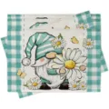 Turquoise plaid placemat set with cute gnome and daisy pattern, spring table decor. - Style 1189
