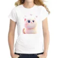 Women's white short sleeve t-shirt featuring cute cartoon cat and pink hearts graphic print. - K2
