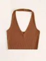 Effen Bruine Geribbelde Halter Crop Top Voor Vrouwen V-Hals Casual Zomer Sexy Top - Strapless top 95% polyester 5% elastaan / S