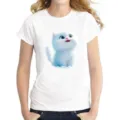 White short-sleeve women T-shirt with cute 3D cat graphic print, casual crewneck summer top. - K5