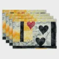 Quilted fabric placemats set with heart print, heat-resistant table mats for dining decor. - Heart