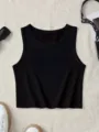 Zwarte geribbelde tanktop voor dames, casual mouwloze crop top, effen basic zomertopje. - Zwarte tanktop 95% polyester 5% elastaan / S
