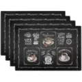Black coffee placemats set featuring vintage cup designs and text for dining table decor. - Style 1182