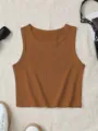 Effen bruine geribbelde cropped tanktop voor dames, trendy basic casual mouwloos zomertopje. - Tanktop 95% polyester 5% elastaan / S