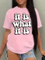 Casual pink short sleeve women t-shirt with trendy letter print crew neck casual everyday top - Style B11