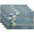 Rustic blue wood grain placemat with white daisy floral pattern, set of 4 table mats. - Style 1177
