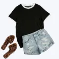 Dames Zomer Outfit Set Zwart T-Shirt Gescheurde Denim Shorts Luipaard Sandalen Casual - Zwarte top met contrastbiezen 95% polyester 5% elastaan / S