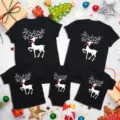 Family matching Christmas reindeer short sleeve black t-shirts and baby rompers set. - Adult S / Tops / Red Scarf Reindeer Christmas Style