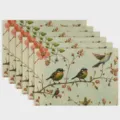 Vintage bird and floral linen placemats set, heat-resistant table mats for dining party. - Bird and Flower