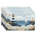 Set of 4 coastal lighthouse printed linen placemats for dining table and kitchen decor. - 30cm*45cm / 17