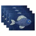 Blue denim style fish embroidered placemats set of 4, stylish kitchen table decor mats. - Style 1162