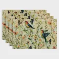 Vintage bird and butterfly printed linen placemat set, decorative heat-insulating table mat. - Flower Bird Butterfly