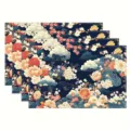 Oriental floral placemat set, dark blue linen table mat with peony and cloud design. - 30cm*45cm / 21