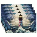 Decorative fabric placemat featuring a lighthouse wave pattern, perfect for dining tables. - 30cm*45cm / 23