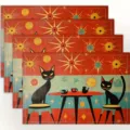 Retro mid-century atomic cat placemat set, vibrant red and black retro table mat style. - Style 1193