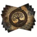 Bohemian Celtic tree of life placemat set, vintage brown table mat with stitched edges. - Style 1210