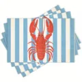 Blue and white striped placemats featuring a vibrant red lobster design for dining tables. - Style 1218