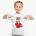 Maglietta a maniche corte per bambini con gatto grigio e stampa cuore rosso estiva. - N7 Gattino cuore / XS