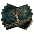 Set of decorative rectangular placemats featuring a golden tree of life pattern on dark teal. - Style 1216