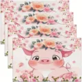 Cute pink pig floral print linen placemat set for holiday party table decor decoration. - Pink Pig
