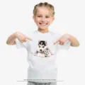 Maglietta per bambini a maniche corte e girocollo con stampa di cucciolo e gattino. - N11 Husky e gattino / XS