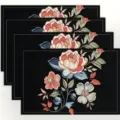 Set of 4 black embroidered placemats with elegant floral pattern for dining table decor. - Black Embroidered