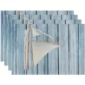 Nautical sailboat patterned linen placemat, blue wood texture heat resistant table mat. - 30cm*45cm / 41