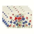 Set of 4 watercolor floral linen placemats, red and blue vintage flower table mats for dining. - Red Blue Floral
