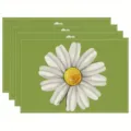Green linen placemat with white daisy print, anti-stain and heat-resistant table mat. - 30cm*45cm / 43
