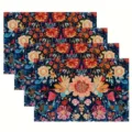 Set of 4 vintage floral printed placemats, dark blue linen table mats for holiday party. - Dark Blue Blooms