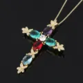 Colorful cubic zirconia cross pendant necklace with box chain for women fashion jewelry. - Gold