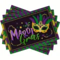 Mardi Gras themed printed placemats set, purple green gold festival table decor mats for party. - Carnival
