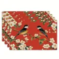 Red linen placemat set with birds and plum blossoms, festive table mat for party decoration - 30cm*45cm / 49