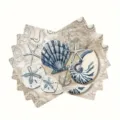 Nautical seashell print placemat, vintage map design table mat, blue and beige cotton linen pad. - Maritime Map