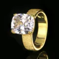 Primo piano dettagliato dell anello dorato con zircone taglio cuscino e superficie spazzolata. - Taglia US 6 / Strass Bianchi