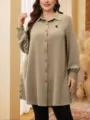 Damen Übergröße lässige Langarmbluse mit feiner Stickerei und klassischem Umlegekragen - 0XL / Khaki