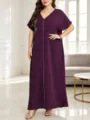 Große Größen V-Ausschnitt Maxikleid mit Blätter Stickerei und kurzen weiten Ärmeln stilvoll. - 3XL / Burgunderrot