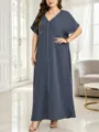 Plus size fog blue maxi dress detail view showcasing elegant leaf embroidery and V-neckline. - Haze Blue