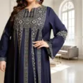 Navy blue plus-size ethnic print long sleeve kaftan dress detailed color variant view. - 0XL / Dresses / Navy Blue
