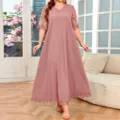 Damen Plus Size Sommer V-Ausschnitt Spitzen Kurzarm Lose Freizeitkleid für den Urlaub - 3XL / Lotusrosa