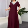 Übergröße Sommer Spitze V-Ausschnitt Kurzarm strukturierte lange Freizeit Maxi Kleid - 0XL / Burgunderrot