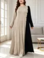 Übergrößen Farbblock Langarm Strick Maxikleid mit Knopfdetail für Herbst und Winter Mode. - 0XL / Aprikose