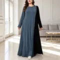 Plus Size Damen Langarm Maxikleid aus Strick mit Farbblock und Knöpfen in Blau und Schwarz. - 3XL / Blau