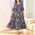 Plus size floral V-neck tiered midi dress in blue and beige, comfortable half sleeve style. - 0XL / Multicolor