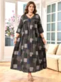Plus Size Vintage Patchwork Druck V-Ausschnitt 3/4 Arm Maxikleid Lässiges langes Kleid Neu - 0XL / Kaffeebraun
